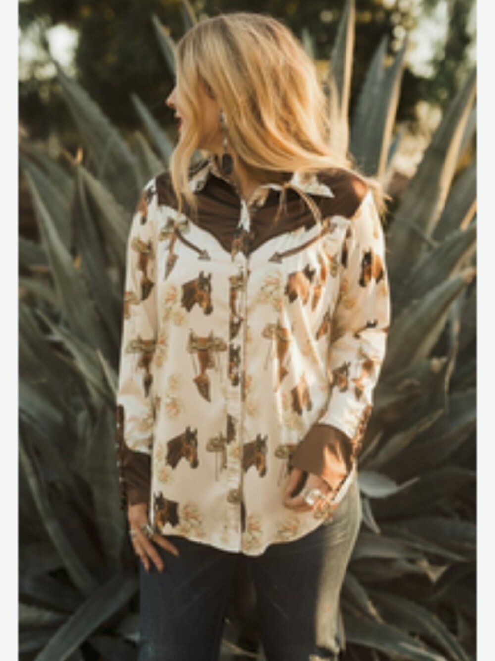 Cream Horse-Print Button Down Shirt with Leopard Trim - Picture 2 of 8